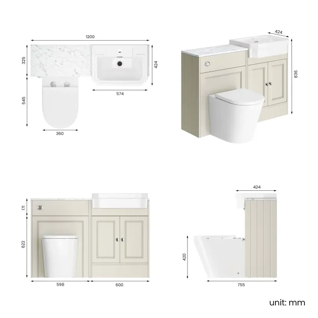 Monaco Chalk White Combination Vanity Traditional Basin with Marble Top & Boston Toilet 1200mm