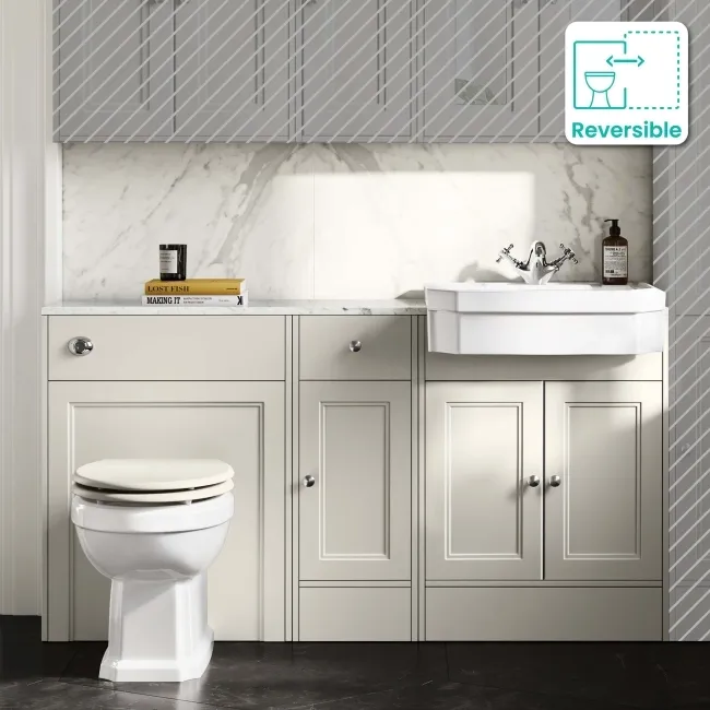 Monaco Chalk White Vanity Traditional Basin with Marble Top & Hudson Toilet with Wooden Seat 1500mm