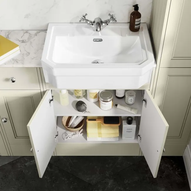 Monaco Chalk White Vanity Traditional Basin with Marble Top & Hudson Toilet with Wooden Seat 1500mm