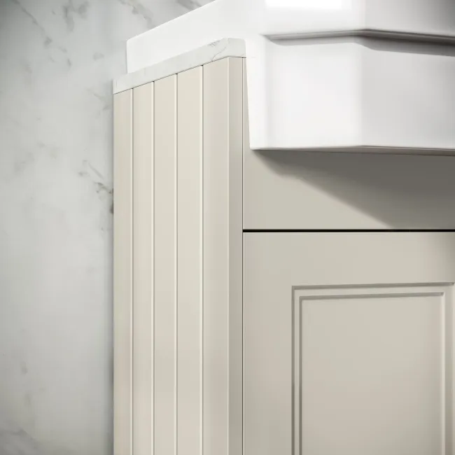 Monaco Chalk White Vanity Traditional Basin with Marble Top & Hudson Toilet with Wooden Seat 1500mm