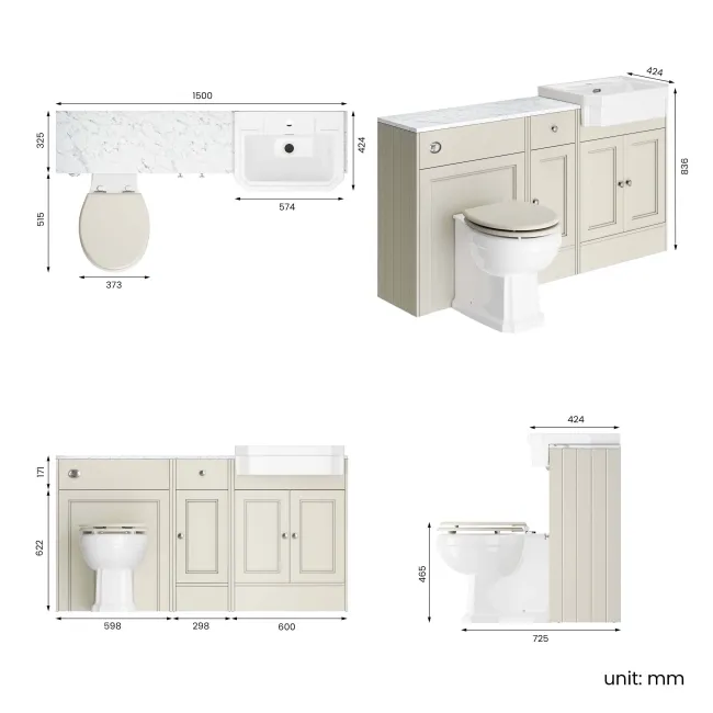 Monaco Chalk White Vanity Traditional Basin with Marble Top & Hudson Toilet with Wooden Seat 1500mm
