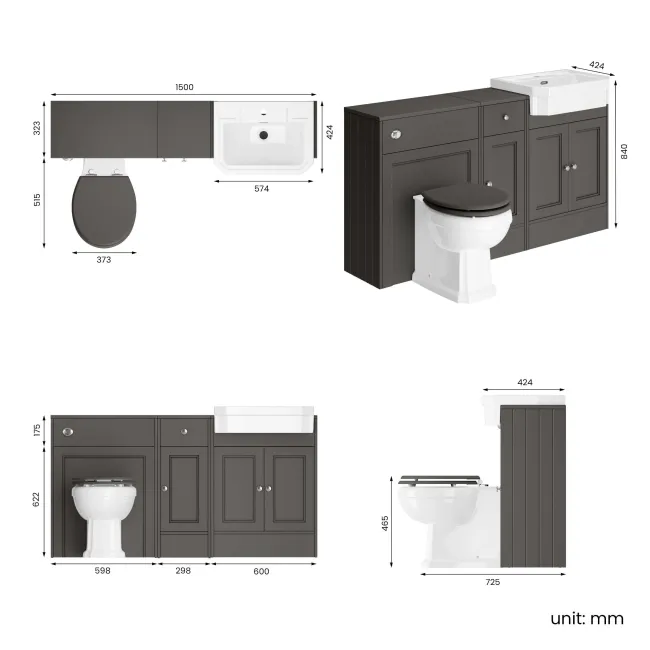 Monaco Graphite Grey Combination Vanity Traditional Basin and Hudson Toilet with Wooden Seat 1500mm