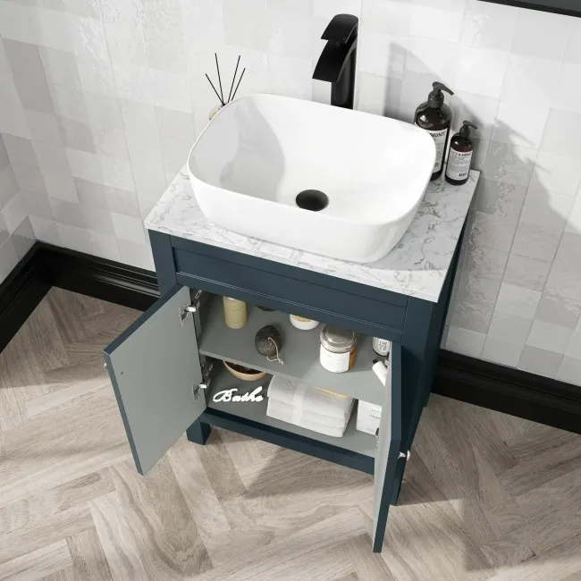 Bermuda Inky Blue Vanity with Marble Top & Curved Counter Top Basin 600mm