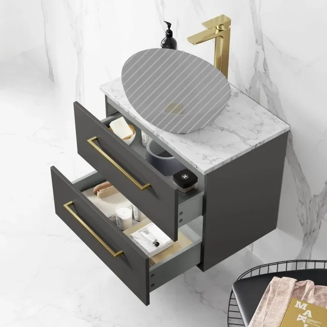 Elba Graphite Grey Wall Hung Drawer 600mm Excludes Counter Top Basin - Brushed Brass Accents