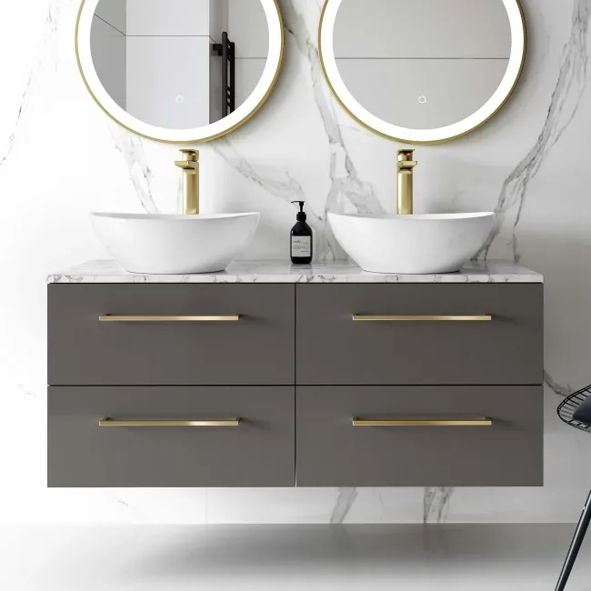Elba Graphite Grey Double Wall Hung Vanity Marble Top & Oval Basin 1200mm - Brushed Brass Accents