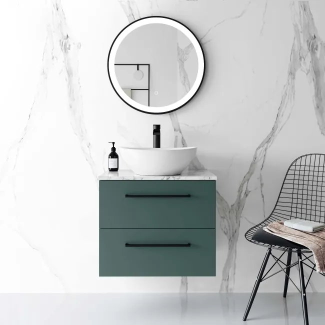 Elba Midnight Green Wall Hung Vanity Marble Top & Oval Counter Top Basin 600mm - Black Accents