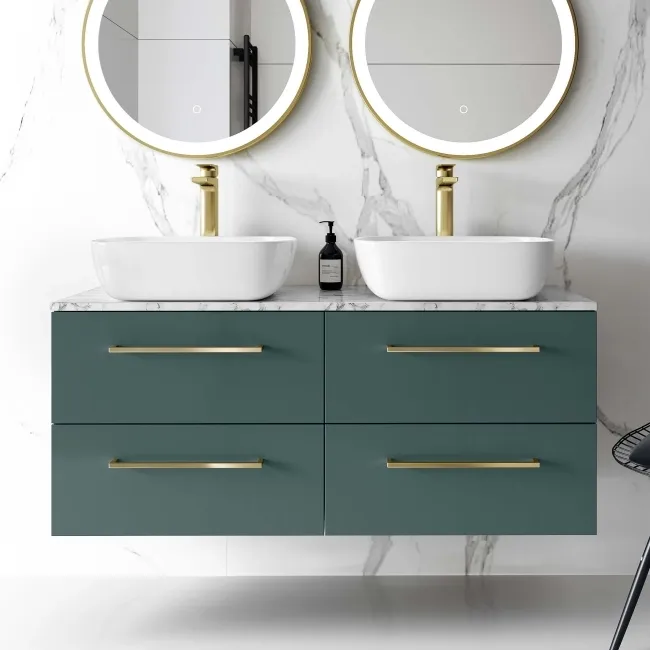 Elba Midnight Green Double Wall Hung Vanity Marble Top & Curved Basin 1200mm - Brass Accents