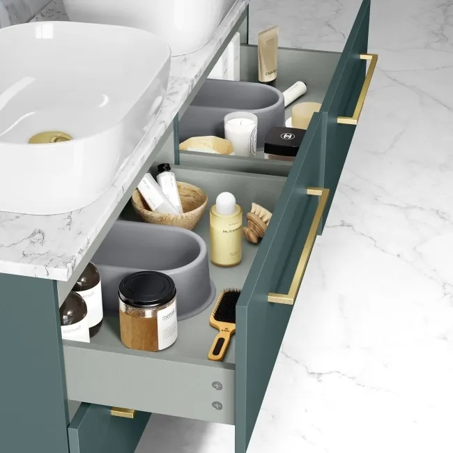 Elba Midnight Green Double Wall Hung Vanity Marble Top & Curved Basin 1200mm - Brass Accents