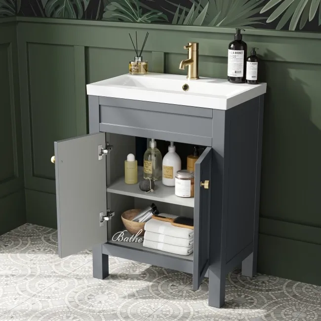 Bermuda Dove Grey Basin Vanity 600mm - Brushed Brass Accents