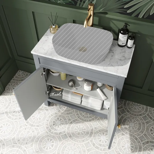 Bermuda Dove Grey Cabinet with Marble Top 800mm Excludes Counter Top Basin - Brushed Brass Accents