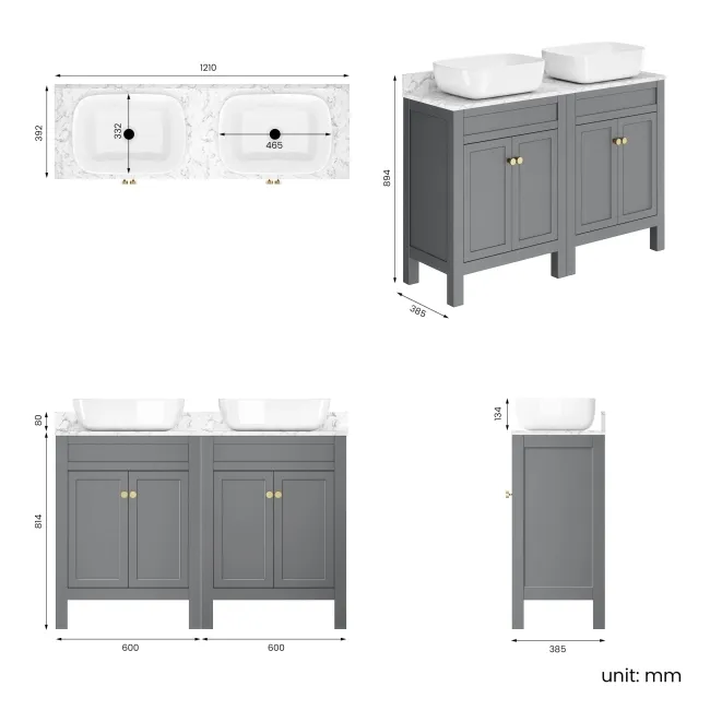 Bermuda Dove Grey Vanity with Marble Top & Curved Counter Top Basin 1200mm - Brushed Brass Accents