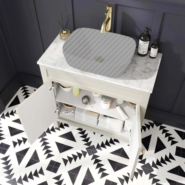 Bermuda Chalk White Cabinet with Marble Top 800mm Excludes Counter Top Basin - Brushed Brass Accents