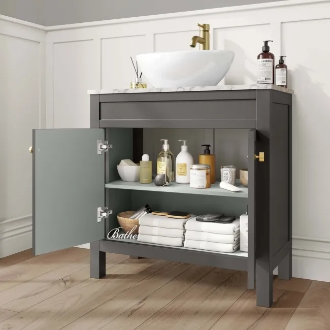 Bermuda Graphite Grey Vanity with Marble Top & Oval Counter Top Basin 800mm - Brushed Brass Accents