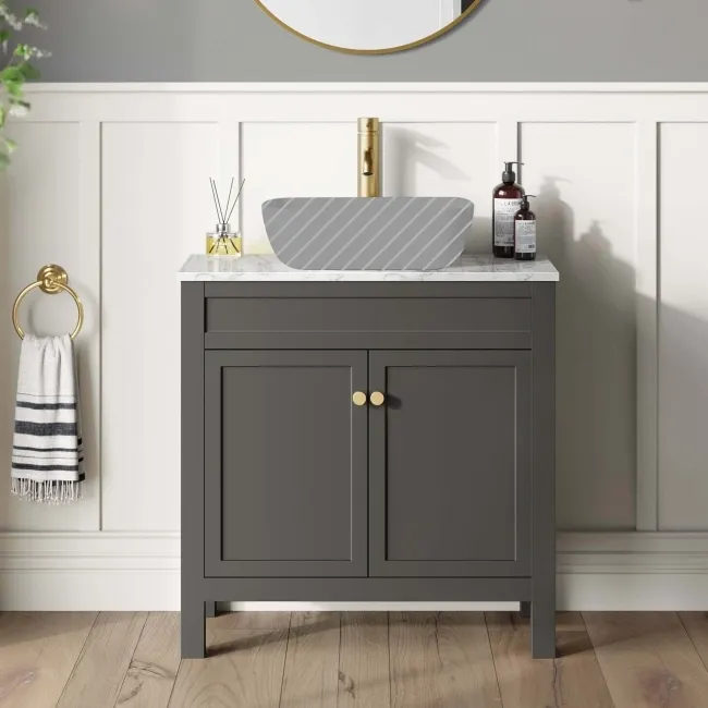 Bermuda Graphite Grey Cabinet with Marble Top 800mm Excludes Basin - Brushed Brass Accents