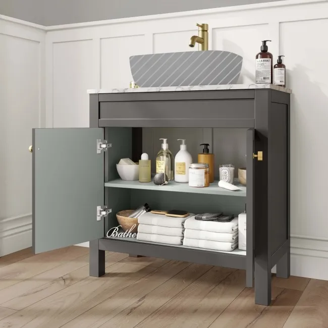 Bermuda Graphite Grey Cabinet with Marble Top 800mm Excludes Basin - Brushed Brass Accents