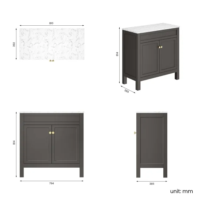 Bermuda Graphite Grey Cabinet with Marble Top 800mm Excludes Basin - Brushed Brass Accents