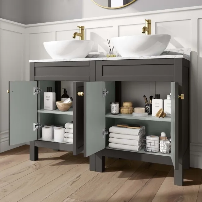 Bermuda Graphite Grey Vanity with Marble Top & Oval Counter Top Basin 1200mm - Brushed Brass Accents