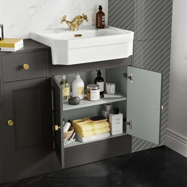 Monaco Graphite Grey Traditional Basin Vanity and Toilet Unit 1500mm (No Toilet) - Brass Accents