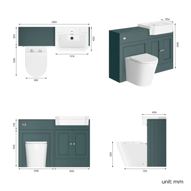 Monaco Midnight Green Combination Vanity Traditional Basin and Boston Toilet 1200mm