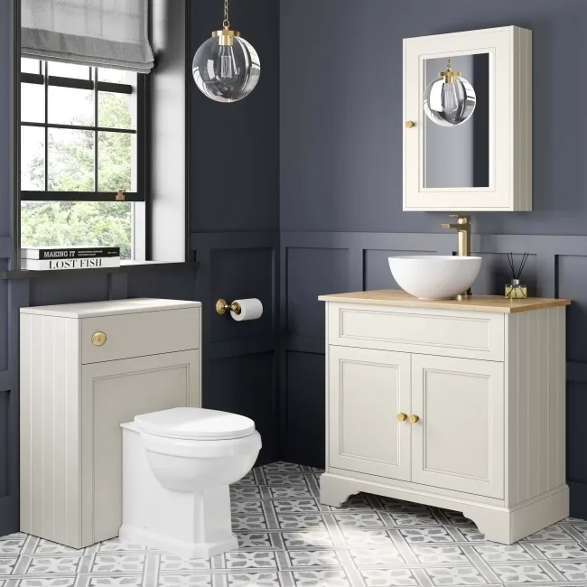 Lucia Chalk White Vanity with Oak Effect Top & Round Counter Top Basin 840mm - Brushed Brass Accents