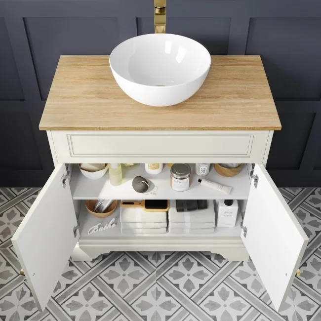 Lucia Chalk White Vanity with Oak Effect Top & Round Counter Top Basin 840mm - Brushed Brass Accents