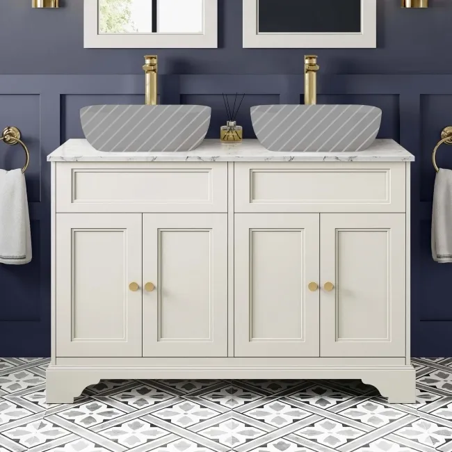 Lucia Chalk White Cabinet with Marble Top 1200mm (Excludes Counter Top Basins) - Brass Accents