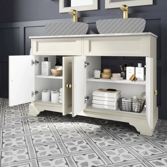 Lucia Chalk White Cabinet with Marble Top 1200mm (Excludes Counter Top Basins) - Brass Accents