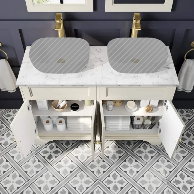 Lucia Chalk White Cabinet with Marble Top 1200mm (Excludes Counter Top Basins) - Brass Accents