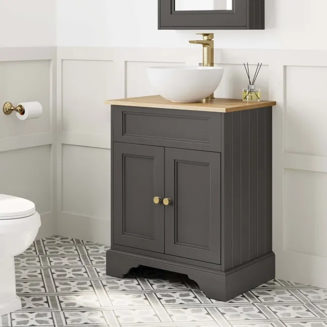 Lucia Graphite Grey Vanity with Oak Effect Top & Round Counter Top Basin 640mm - Brass Accents