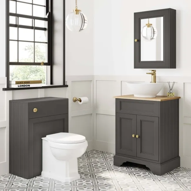 Lucia Graphite Grey Vanity with Oak Effect Top & Oval Counter Top Basin 640mm - Brass Accents