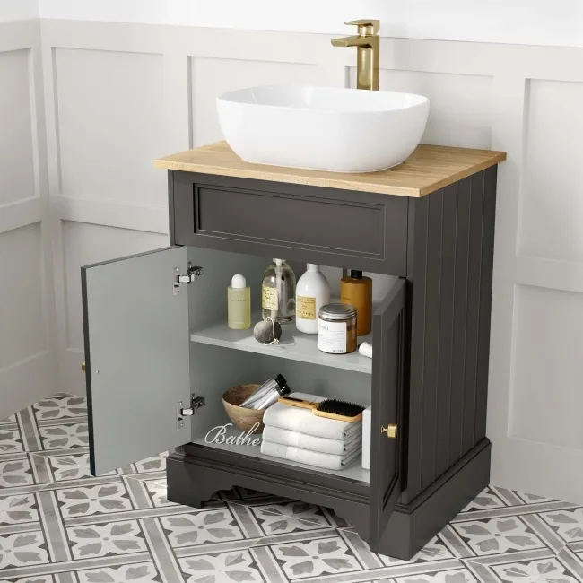 Lucia Graphite Grey Vanity with Oak Effect Top & Curved Counter Top Basin 640mm - Brass Accents