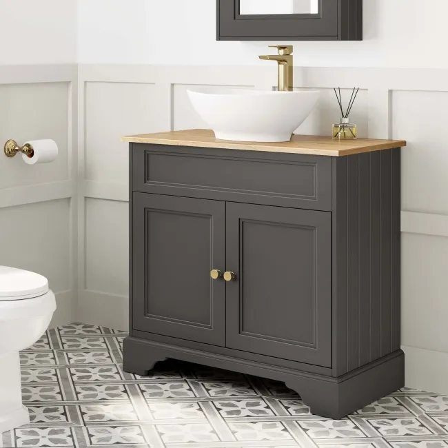 Lucia Graphite Grey Vanity with Oak Effect Top & Oval Counter Top Basin 840mm - Brass Accents