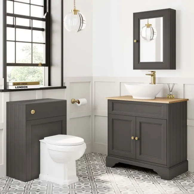 Lucia Graphite Grey Vanity with Oak Effect Top & Oval Counter Top Basin 840mm - Brass Accents