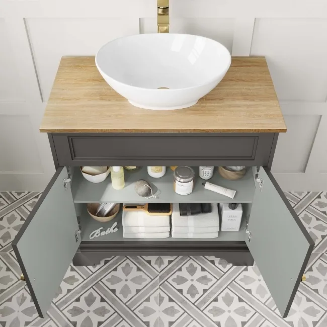 Lucia Graphite Grey Vanity with Oak Effect Top & Oval Counter Top Basin 840mm - Brass Accents