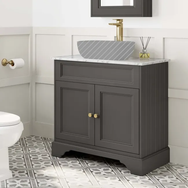Lucia Graphite Grey Cabinet with Marble Top 840mm (Excludes Counter Top Basin) - Brass Accents