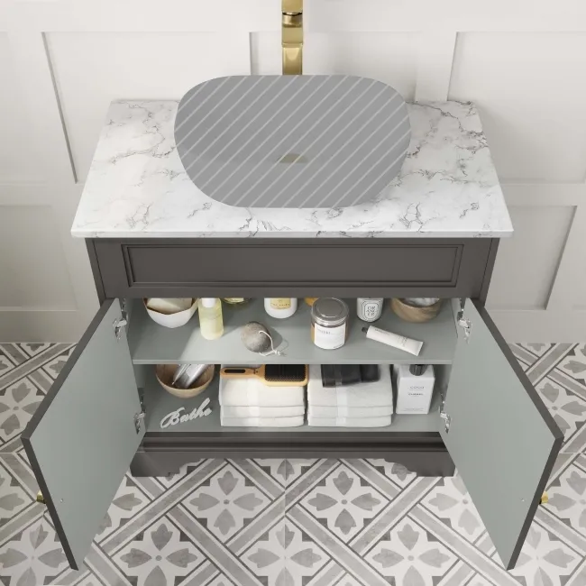 Lucia Graphite Grey Cabinet with Marble Top 840mm (Excludes Counter Top Basin) - Brass Accents