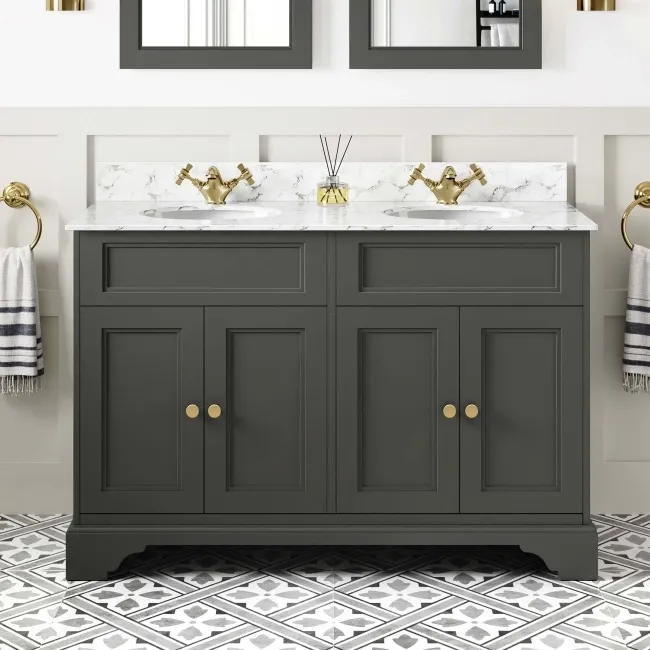 Lucia Graphite Grey Double Vanity with Marble Top & Undermount Basins 1200mm - Brushed Brass Accents