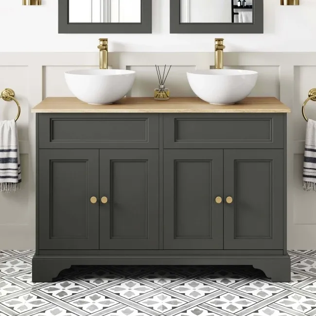 Lucia Graphite Grey Double Vanity Oak Effect Top & Round Counter Top Basin 1200mm - Brass Accents