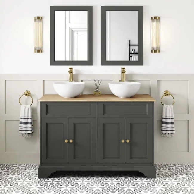 Lucia Graphite Grey Double Vanity Oak Effect Top & Round Counter Top Basin 1200mm - Brass Accents