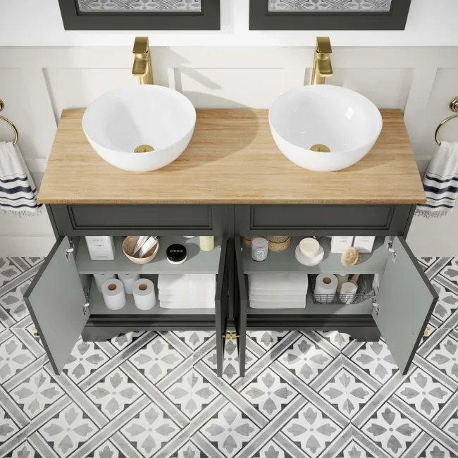 Lucia Graphite Grey Double Vanity Oak Effect Top & Round Counter Top Basin 1200mm - Brass Accents