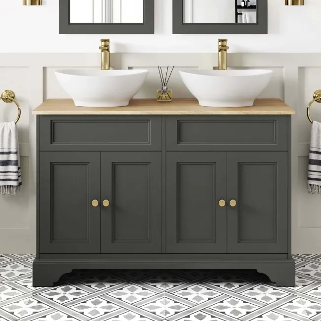 Lucia Graphite Grey Double Vanity Oak Effect Top & Oval Counter Top Basin 1200mm - Brass Accents