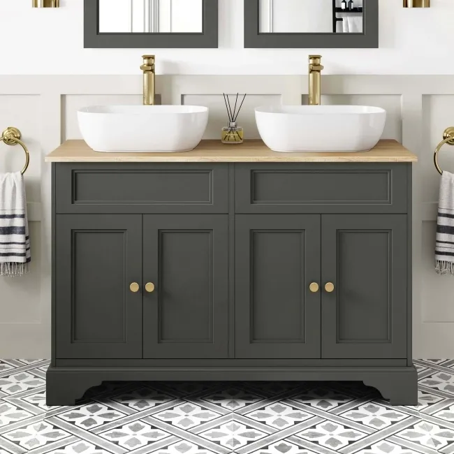 Lucia Graphite Grey Double Vanity Oak Effect Top & Curved Counter Top Basin 1200mm - Brass Accents