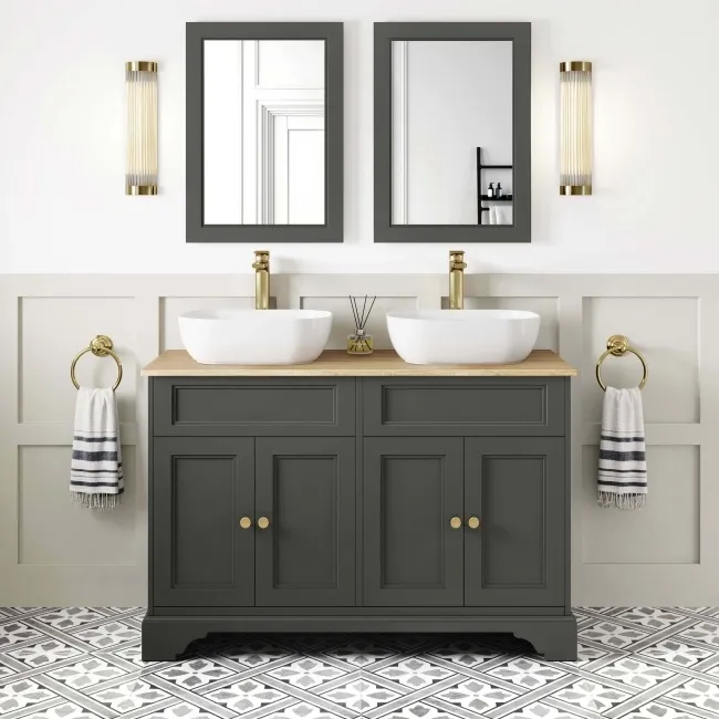 Lucia Graphite Grey Double Vanity Oak Effect Top & Curved Counter Top Basin 1200mm - Brass Accents