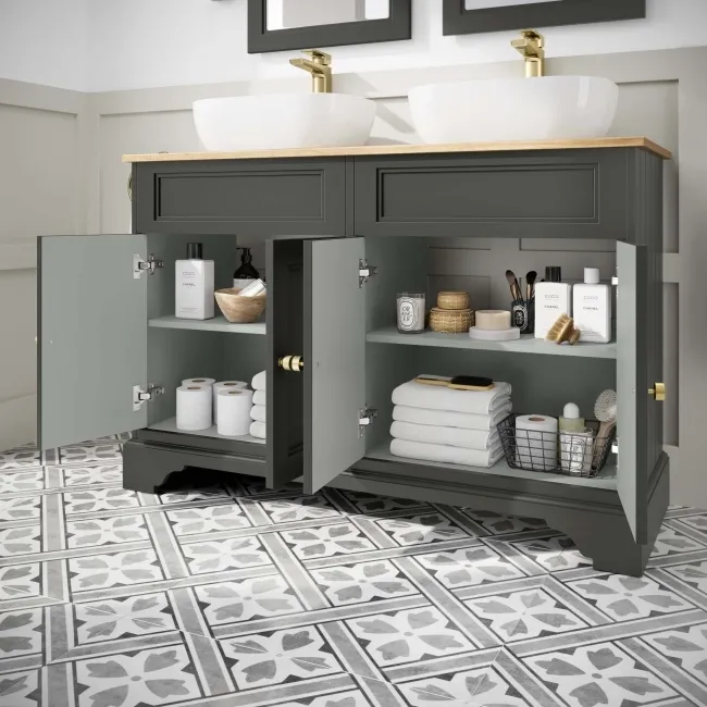 Lucia Graphite Grey Double Vanity Oak Effect Top & Curved Counter Top Basin 1200mm - Brass Accents