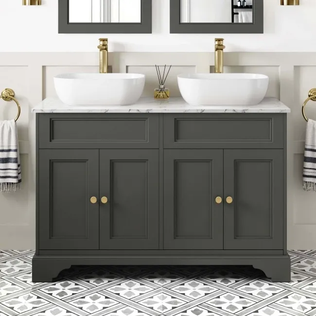 Lucia Graphite Grey Double Vanity with Marble Top & Curved Counter Top Basin 1200mm - Brass Accents