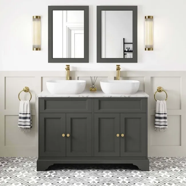 Lucia Graphite Grey Double Vanity with Marble Top & Curved Counter Top Basin 1200mm - Brass Accents
