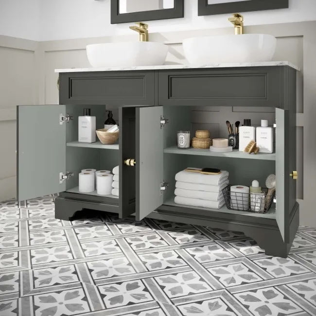 Lucia Graphite Grey Double Vanity with Marble Top & Curved Counter Top Basin 1200mm - Brass Accents