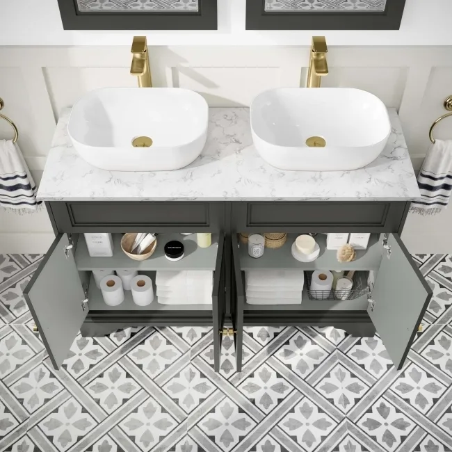 Lucia Graphite Grey Double Vanity with Marble Top & Curved Counter Top Basin 1200mm - Brass Accents