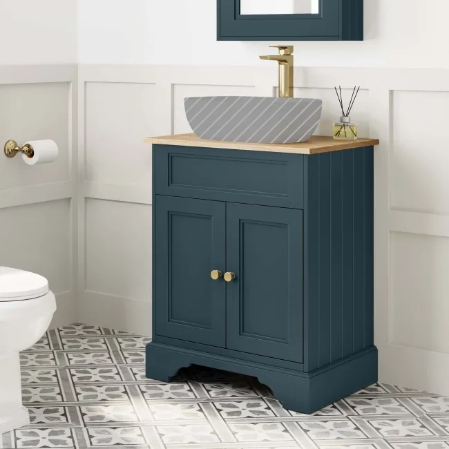 Lucia Inky Blue Cabinet with Oak Effect Top 640mm (Excludes Counter Top Basin) - Brass Accents