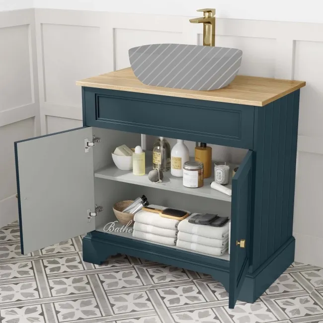 Lucia Inky Blue Cabinet with Oak Effect Top 840mm (Excludes Counter Top Basin) - Brass Accents